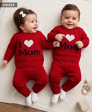 Babyhug Knit Full Sleeves Sweater Set with Text Design - Red