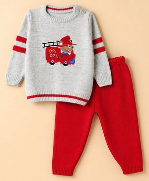 Babyhug Knit Full Sleeves Sweater Set with Firefighter Bear Design - Grey Red
