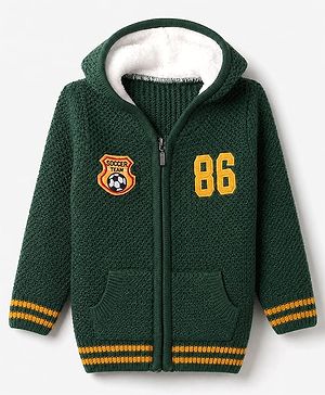 Babyhug Knit Full Sleeves Front open Hooded Sweater with Soccer Patch - Green