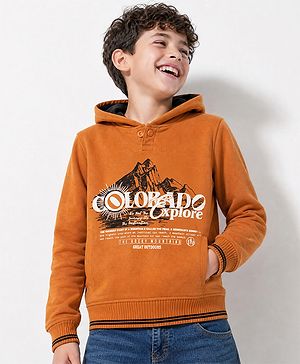 Pine Kids Cotton Knit Hooded Sweatshirt with Full Sleeves and Mountain Print in Orange
