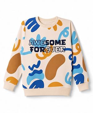Pine Kids Knit Full Sleeves Sweatshirt with Text Print - Off White