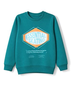 Pine Kids Cotton Knit Sweatshirt with Full Sleeves and Essential Skating Text Print - Green