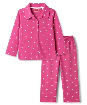 Babyhug Cotton Knit Full Sleeves
                              Shirt & Pyjama Co-Ord Night Suit With
                              Polka Dots Print - Dark Pink