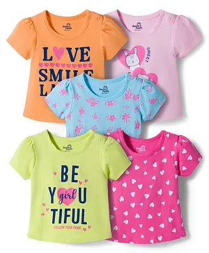 Doodle Poodle Cotton Knit Half
                              Sleeves T-Shirts With Floral Heart &
                              Animal Print Pack of 5 - Multicolor