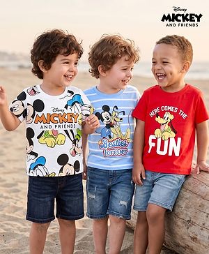 Babyhug Disney Cotton Knit T-Shirts with Mickey Mouse and Friends Graphics Half Sleeves Round Neck Multi Color 3-6 Months Pack of 3