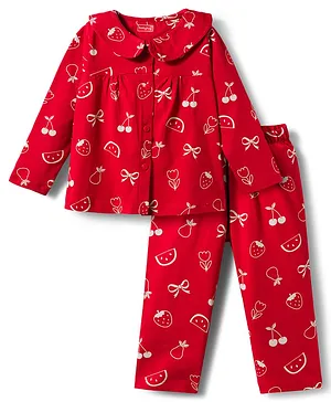 Babyhug Cotton Knit Full Sleeves Peter Pan Collared Top & Pyjama Co-Ord Night Suit With Cherry & Strawberry Print - Red