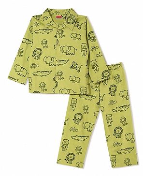 Babyhug 100% Cotton Knit Full Sleeves Animals Printed Co-Ords Shirt & Pajama Night Suit - Green