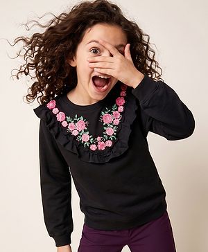 Pine Kids Cotton Knit Sweatshirt with Full Sleeves and Floral Embroidery in Black for 4-5 Years