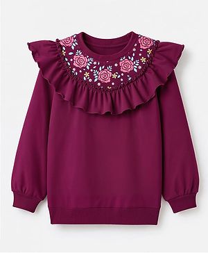 Pine Kids Cotton Knit Sweatshirt with Full Sleeves and Floral Print in Wine