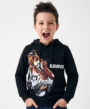 Pine Kids Cotton Knit Hooded Sweatshirt with Full Sleeves and Tiger Print - Black