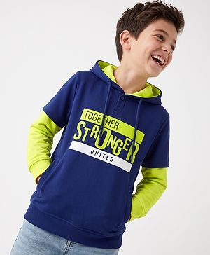 Pine Kids Cotton Knit Hooded Sweatshirt with Full Sleeves and Together Stronger Text Print - Blue