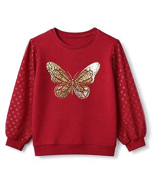 Pine Kids Cotton Knit Sweatshirt with Full Sleeves and Butterfly Sequins in Red for 4-5 Years