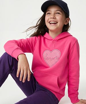 Pine Kids Cotton Knit Hooded Sweatshirt with Full Sleeves and Hearts Print - Pink