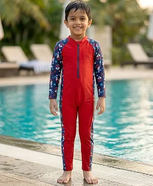 Kaboosh Full Raglan Sleeves Nautical
                              Theme Printed Swimsuit - Red & Navy
                              Blue