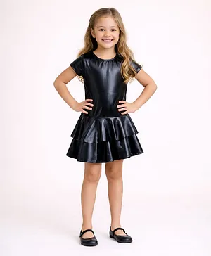 Piccolo Leather Woven Half Sleeves Solid Layered Dress - Black