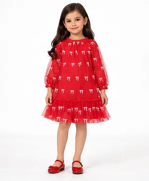 Piccolo Net Woven Full Puffed Sleeves Bow Embroidered Dress - Red