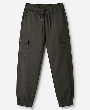 Pine Kids Cotton Elastane Woven Cargo Full Length Solid Trouser in Olive Green