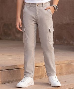 Pine Kids Cotton Elastane Woven Full Length Solid Trouser - Beige