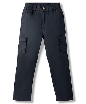 Pine Kids Cotton Elastane Woven Full Length Solid Color Trousers with Cargo Pockets  - Black