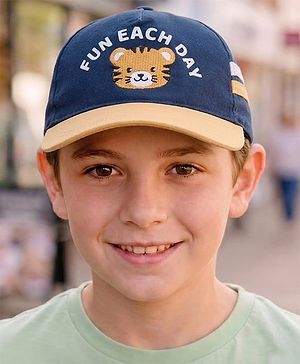 Babyhug Twill 100% Cotton Woven Baseball Cap With Text & Animal Embroidery Navy Blue - Diameter 14.5 cm