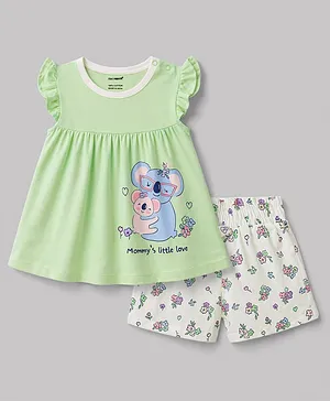 CUCUMBER Single Jersey Knit Half
                              Sleeves Koala & Floral Printed Top
                              & Shorts Set - Light Green