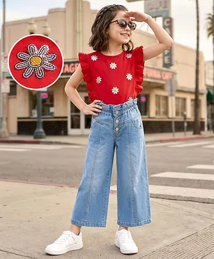 OLLINGTON ST. Cotton Knit Half
                              Sleeves Top With Print & Stretchable
                              Denim Culottes Set - Red & Indigo