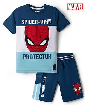 Pine Kids Marvel Single Jersey Knit Half Sleeves T-Shirt & Shorts With Spider-Man Graphic - Blue