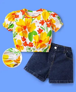 OLLINGTON ST. Cotton Knit Half
                              Sleeves Printed Top & Stretchable
                              Denim Shorts Set - Multicolour &
                              Indigo