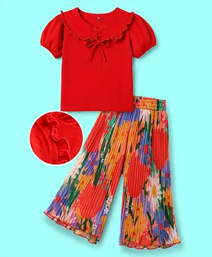 OLLINGTON ST. Sinker Knit Half
                              Sleeves Top & Pleated Georgette
                              Culottes Set With Floral Print - Red