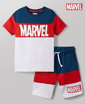 Pine Kids Marvel Single Jersey Knit Half Sleeves T-Shirt and Shorts with Marvel Graphics-  White & Navy
