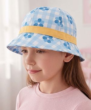 Babyhug Cotton Woven Bucket Hat Checks With Floral Print Blue - Diameter 15 cm