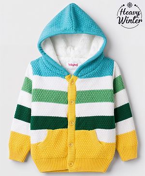 Babyhug Fur- Lined Knit Full Sleeves Striped Front Open Hooded Sweater With Kangaroo Pockets - Light Blue