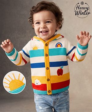 Babyhug Fur- Lined Knit Full Sleeves Front Open Hooded Striped Sweater with Rainbow & Cloud Design - White