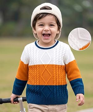 Babyhug Knit Full Sleeves Solid Colour Block Cable Knit Designed Pullover - White