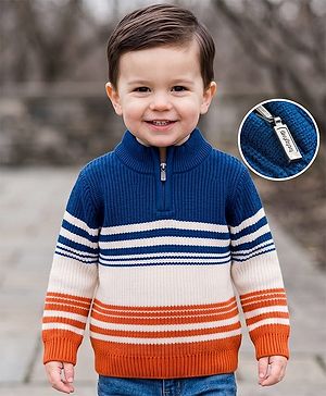Babyhug Knit Full Sleeves Colour Block Striped Pullover-  Navy