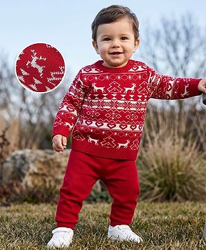 Babyhug Knit Full Sleeves Sweater Set With Christmas Theme Design - Red
