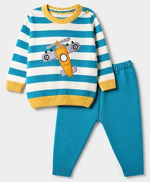Babyhug Knit Full Sleeves Striped Sweater Set with Aircraft Design - Blue White
