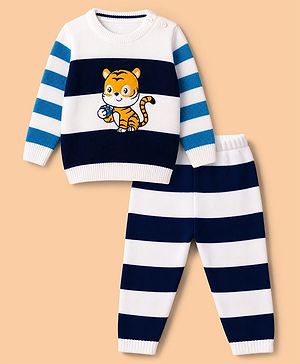 Babyhug Knit Full Sleeves Striped Sweater Set With Tiger Patch - Navy Blue