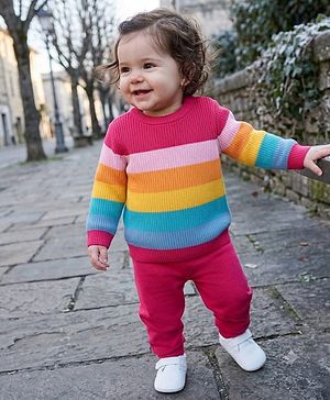 Babyhug Knit Full Sleeves Striped Sweater Set - Dark Pink