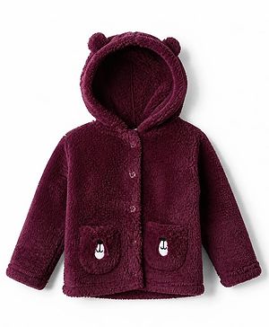 Babyhug Fur Knit Hoodies with Full Sleeves & Applique - Maroon