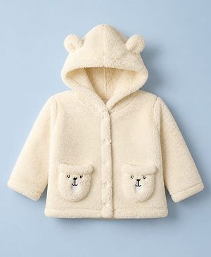Babyhug Fur Knit Hoodie with Full Sleeves and Bear Embroidery in Beige