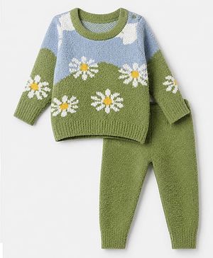 Babyhug Knit Pullover and Pant Full Sleeves Full Length with Daisy Design in Green for 3-6 Months
