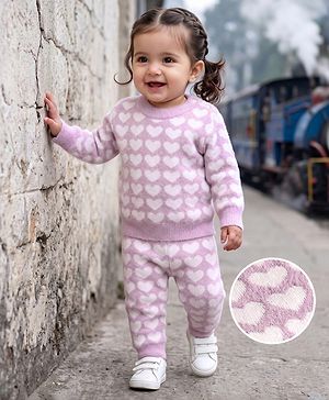 Babyhug Knit Extra Soft Hairy Eyelash Yarn Full Sleeves Sweater Set With Hearts Design - Mauve
