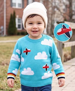 Babyhug Knit Full Sleeves Pullover with Cloud Designed & Airplane Patch - Light Blue