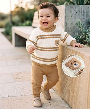 Babyhug Knit Full Sleeves Striped & Bear Designed Sweater Set - White