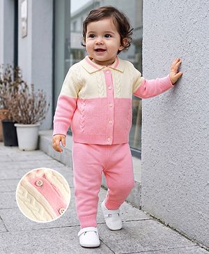 Babyhug Knit Full Sleeves Polo Collar Neck Colour Block Cable Knit Designed Sweater Set - Pink