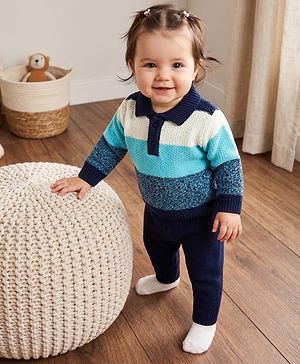 Babyhug Knit Full Sleeves Polo Collar Sweater Set with Stripes - Navy