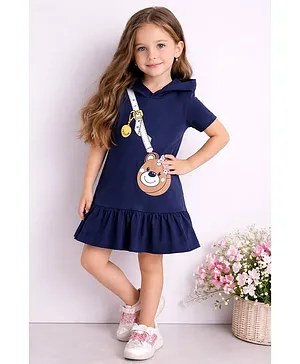 Little Marine Cotton Blend Knit
                                  Half Sleeves Sling Bag Printed Hooded
                                  Dress - Navy Blue