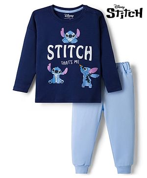Bonfino Disney 100% Cotton Knit Full Sleeves T-Shirt & Pyjama Night Suit With Stitch Graphic - Navy Blue