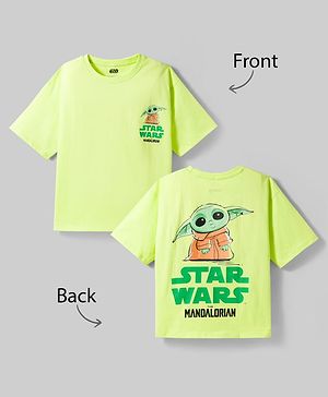 Pine Kids Lucas Single Jersey Knit Drop Shoulder Sleeves T-Shirt With Front & Back Baby Yoda Graphics - Green